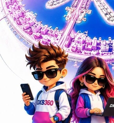 Nova and Lyra with phones above the Palm Jumeirah