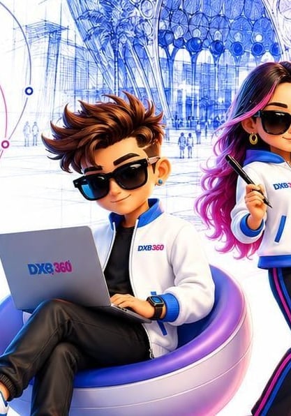 Nova and Lyra with laptops in front of the Museum of the Future