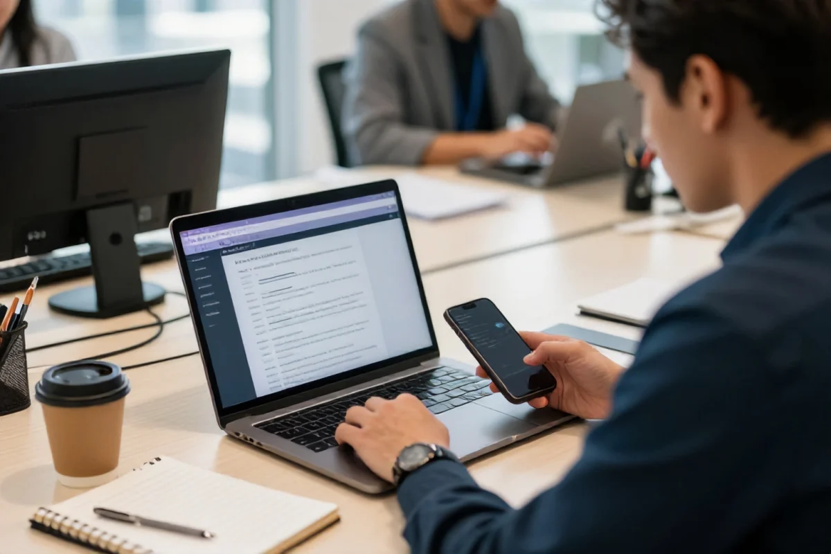 A professional reviewing B2B lead dashboards on a laptop while preparing follow-up notes on a desk
