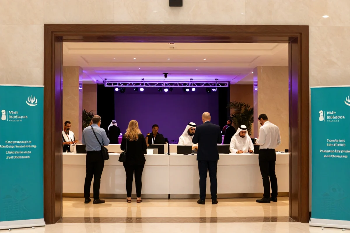 Attendees checking in at a corporate event reception area in a modern Dubai venue.