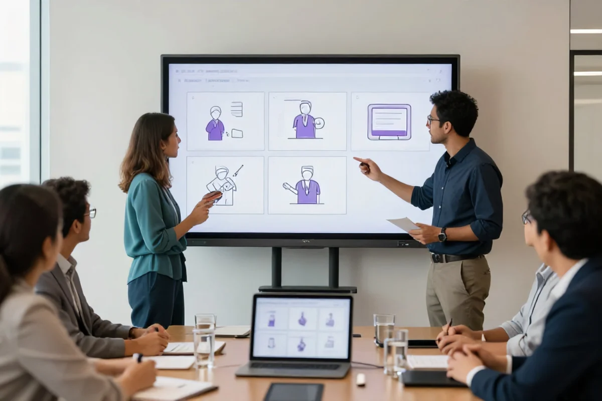 Team reviewing explainer video storyboards on a screen in a Dubai office
