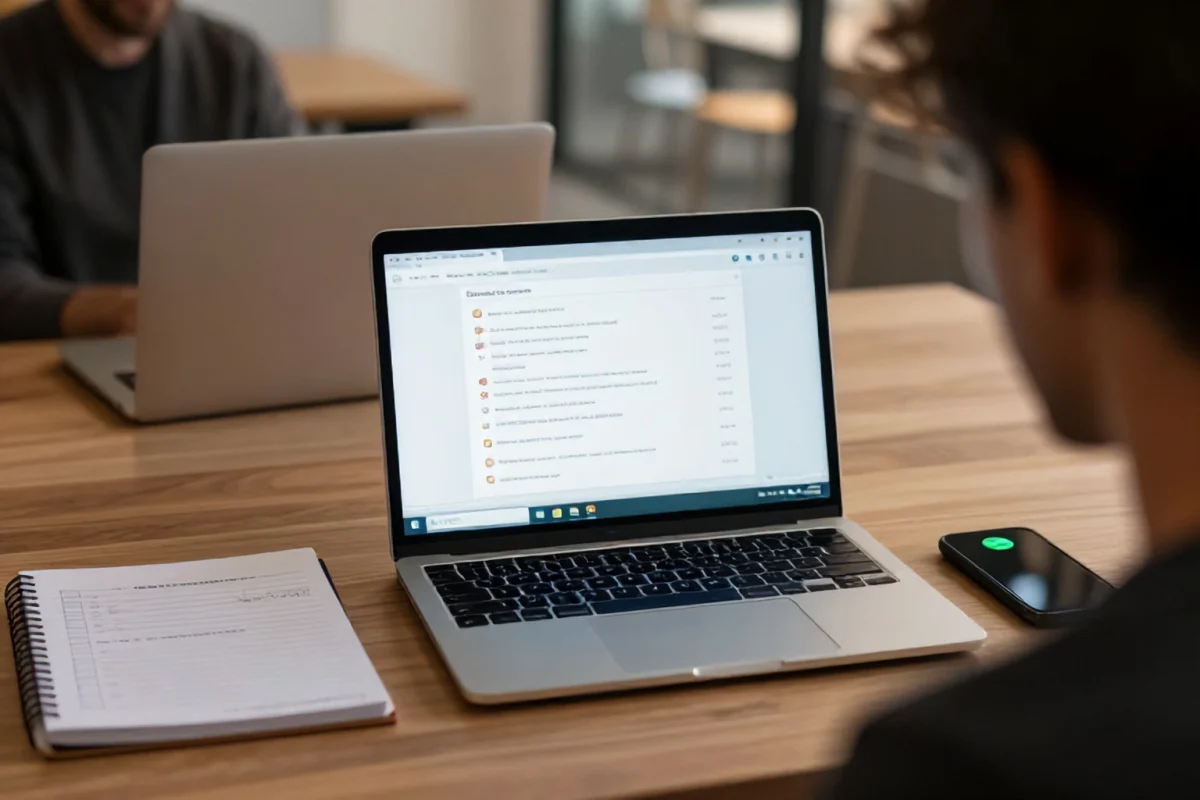 A laptop and notebook on a desk with a smartphone, representing planning a Google Ads budget in Dubai during Q4 season