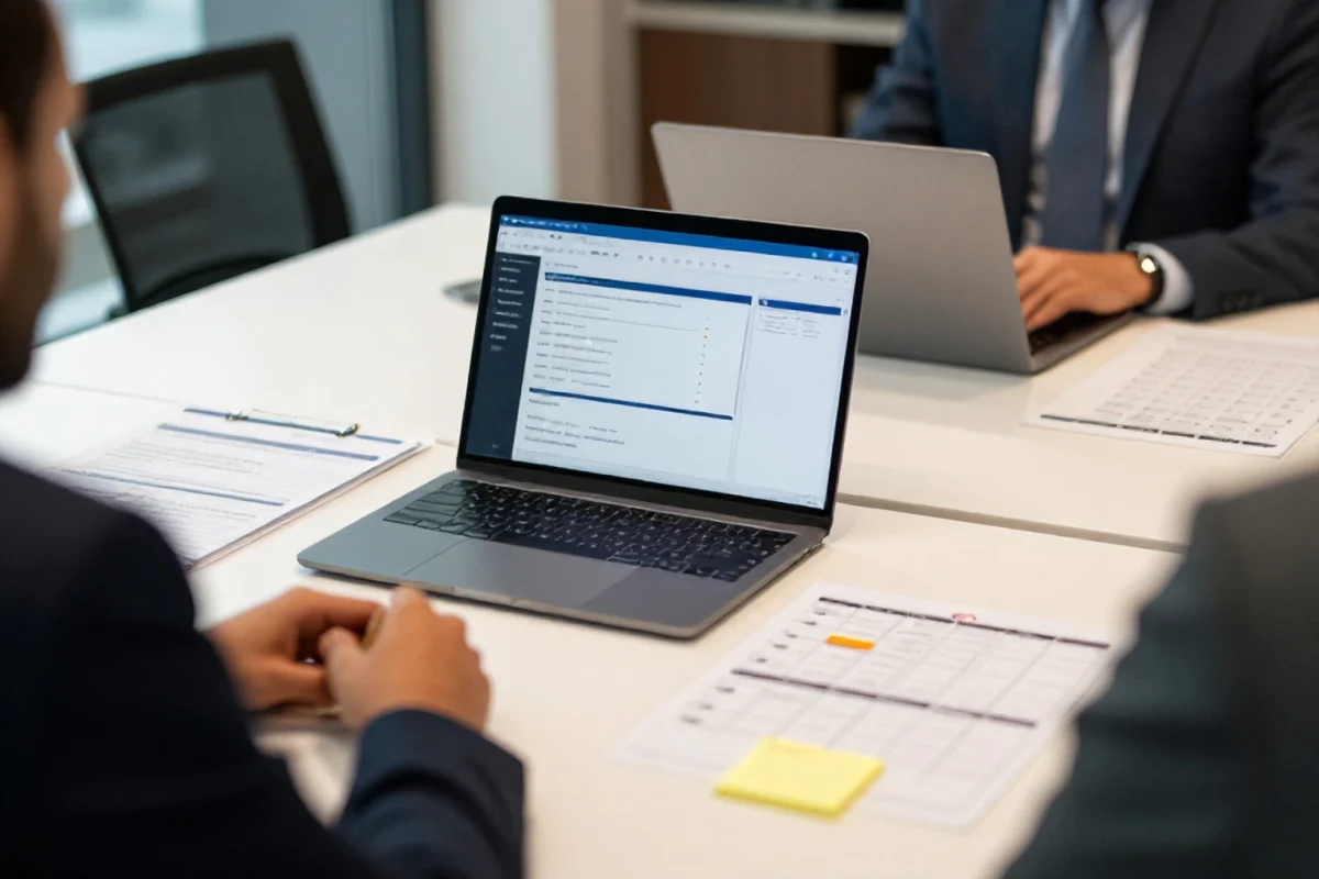 People reviewing a marketing dashboard and Q4 calendar planning on a meeting table.