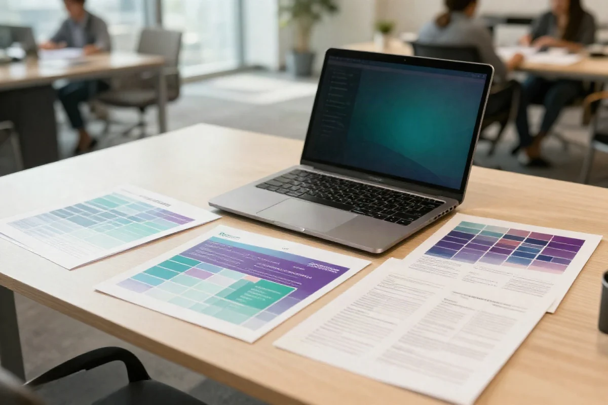 Brand guideline documents, color swatches, and bilingual layout drafts on a desk in a modern workspace